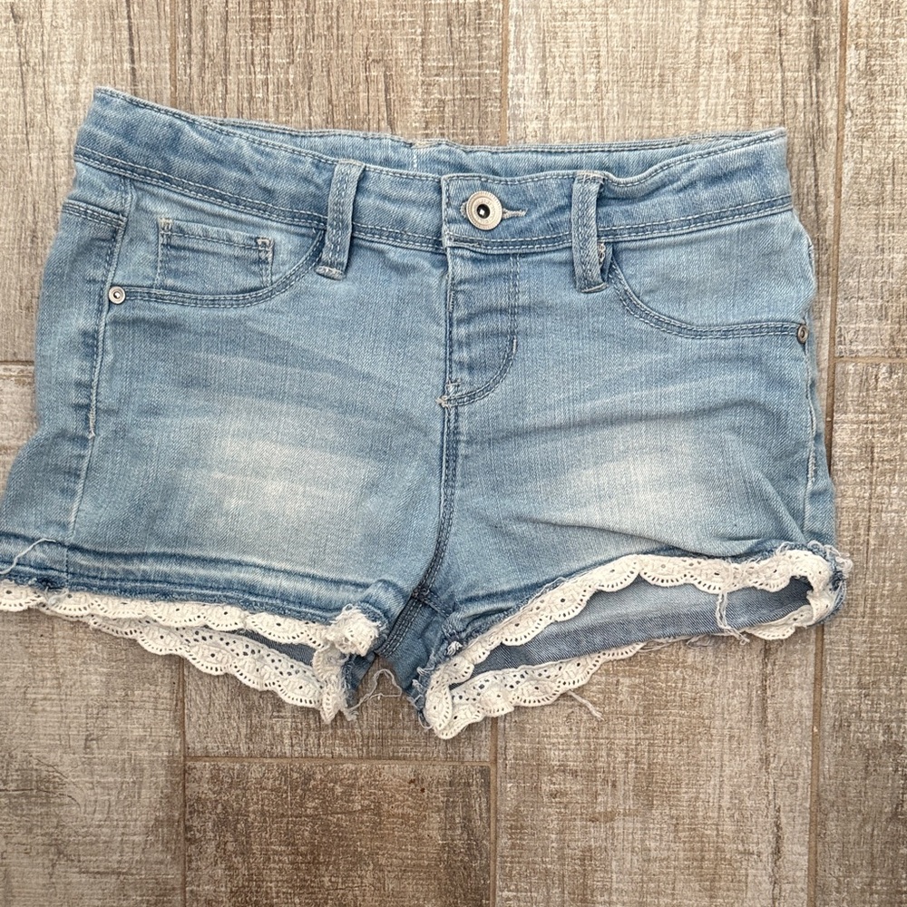 Girls Light Blue Denim Shorts with Lace Detail